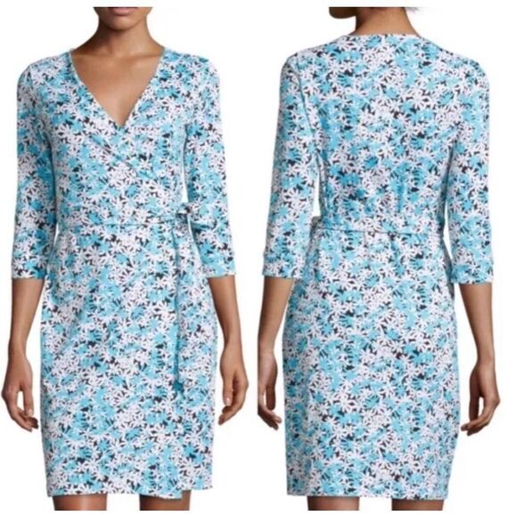 Diane Von Furstenberg New Julian Two Wrap Dress Garden Daisy Azure Blue Size 4 - Picture 1 of 9